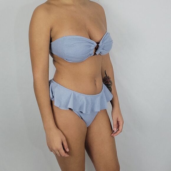 Baby Blue Ruffle O Ring Linked Bandeau Beach High Rise Bikini Swimsuit 2 Piece - Picture 5 of 5